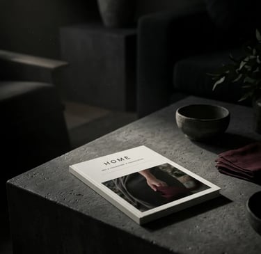 A minimalist Home magazine on a dark stone coffee table in a moody living room interior.
