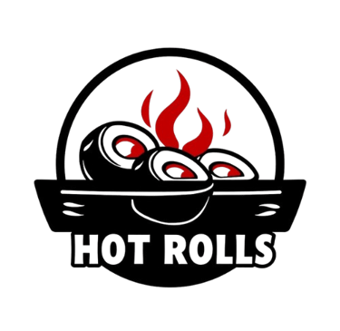 a black and red logo with a fire in the background