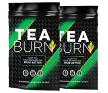 Two black Tea Burn metabolism booster supplement pouches with green accents on a dark background.
