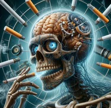 Crâne futuriste entouré de cigarettes, illustrant les dangers du tabac sur le cerveau et le corps