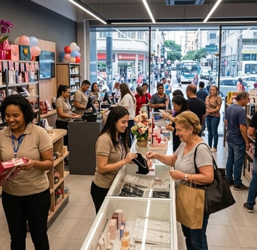 Interior de uma loja de varejo brasileira movimentada no centro da cidade, com clientes escolhendo