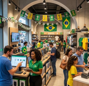 Loja de varejo em rua movimentada do Brasil, com clientes escolhendo produtos de festa nas prateleir