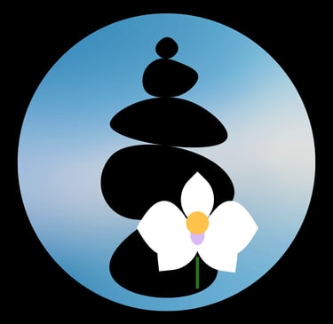 Brand logo of unanomalize, full black square, centered big skyblue circle, a black cairn, a white orchid