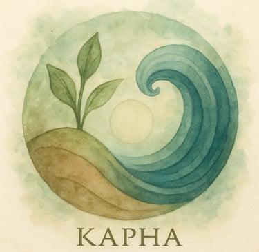 Illustration of the three Ayurvedic doshas — Vata, Pitta and Kapha — with elemental symbols