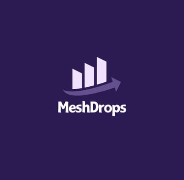 MeshDrops logo featuring three bar graph pillars and a rising arrow on a dark purple background.