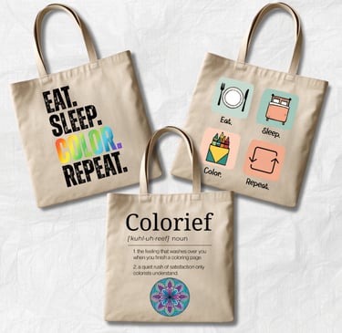 trio of tote bags with coloring related images and phrases
