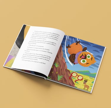 Open children's storybook featuring a colorful illustration of a chick character rolling down a hill