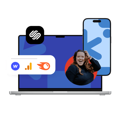 an image depicting a laptop and iPhone displaying different web platform icons and woman smiling