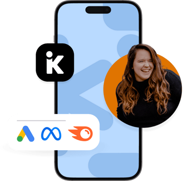 an iPhone surrounded by icons for Google Ads, Meta, Semrush, and an image of a woman smiling