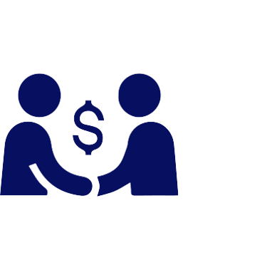 two stick figure silhouettes shaking hands beneath a dollar sign