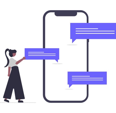 a ilustration style of a  woman putting chat boxes on a mobile phone taller than her, like a chatbot