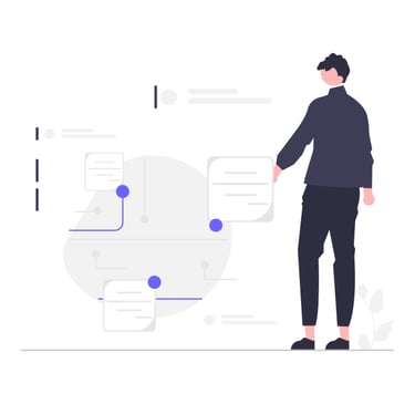 an ilustration of a man standing in front of a graphic showing automation