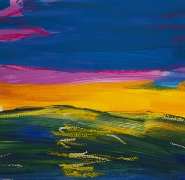 Farbenfroher Sonnenuntergang auf dem Wasser. Grobe Pinselstriche der Acrylmalerei