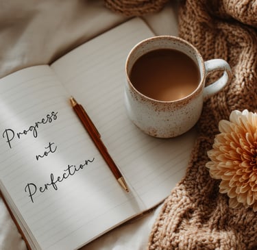 Open journal with phrase "progress not perfection" on page, coffee mug sitting on opposite page