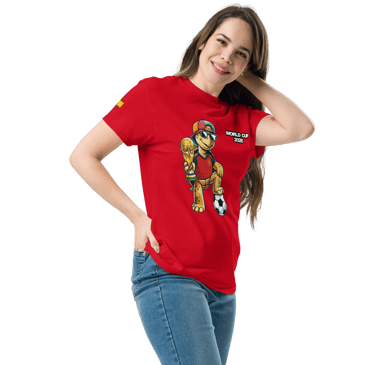 Model wearing red World Cup t-shirt from Tortuga Island Headwear