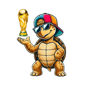 Cool cartoon turtle wearing sunglasses and a cap holding a gold world cup trophy.