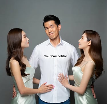 A confident man labeled “Your Competitor” with two women admiring him, symbolizing how AI-powered content helps competitors c
