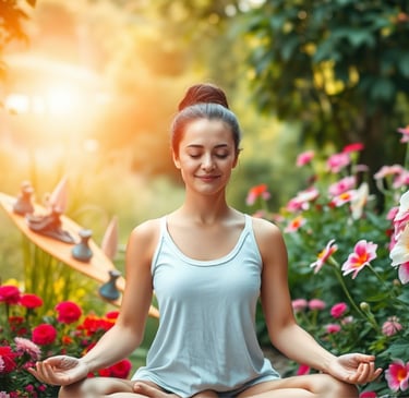 A woman practicing yoga meditation in a vibrant flower garden during a peaceful sunset.