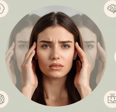 A woman experiencing dizziness and a migraine headache with surrounding medical icons.