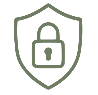 Green outline icon of a security shield with a padlock for data protection and privacy.