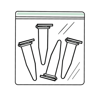 Minimalist graphic illustration of laboratory microcentrifuge tubes inside a plastic specimen bag.
