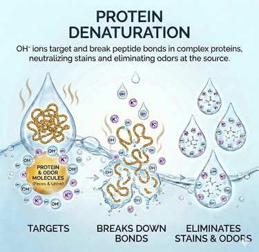 OH⁻ ions target and break peptide bonds in complex proteins, eliminating stains and odors.