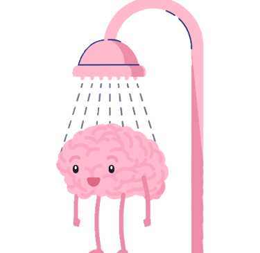 A cartoon brain standing under a shower
