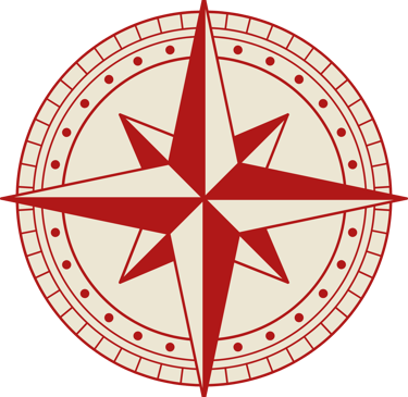 A red and cream vintage compass rose icon with a nautical star design for navigation.