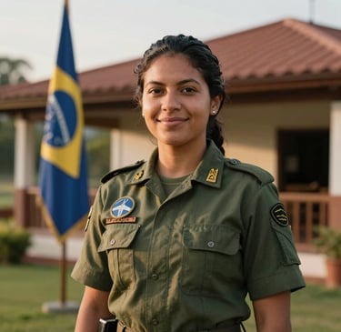 A portrait of a South American / Brazilian woman in a Pathfinder uniform, focused and friendly, standing in front of a clubhouse with a flag, soft morning light, professional photography style.