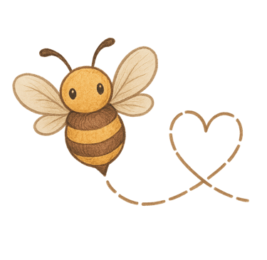 A cute hand-drawn honey bee illustration with a dotted flight path in a heart shape.