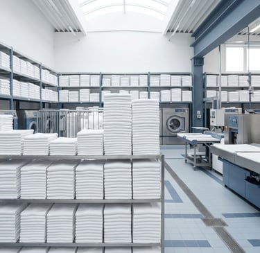 Wide shot of neatly stacked, crisp white towels in a clean, modern industrial laundry facility, bright high-key daylight, sharp focus, slate blue accents in the background.