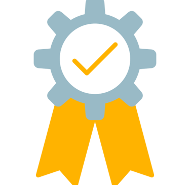 Quality assurance icon featuring a gray gear with a yellow checkmark and award ribbons.