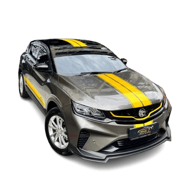 Proton X50 SUV with yellow racing stripe custom wrap outside One 7 Garage