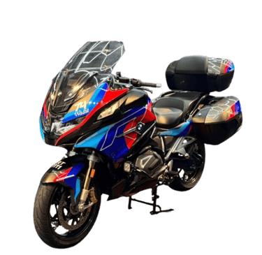 BMW touring motorcycle with custom blue red graphic wrap design
