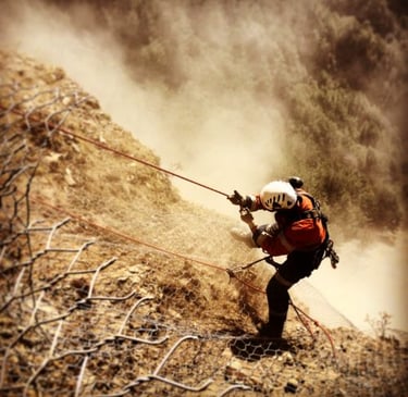 alt="Travaux de purge de falaise à Annecy en milieu naturel"