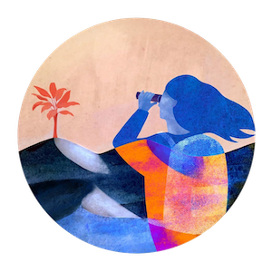 logo oriane marie illustration représentant un personnage regardant aux jumelles un arbre dans le désert