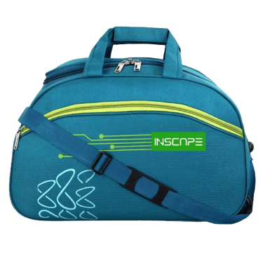 a blue and green duffel bag with a green and yellow logo from duffle bags manufacturer