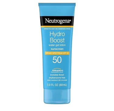 Neutrogena Hydro Boost sunscreen bottle with water-gel formula and hyaluronic acid for hydration.