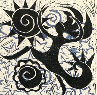 hand printed square fabric with black image of woman dancing