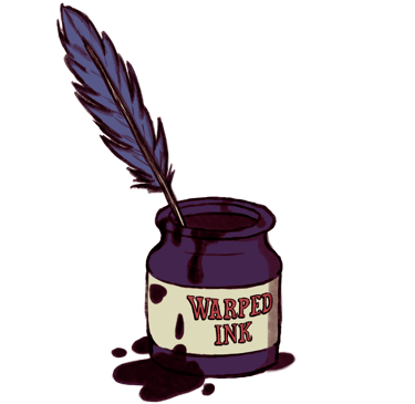 a jar of ink ink and a quill ink pot warped ink blue feather vaughan farrar logo spilled purple pot