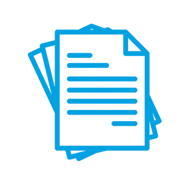Ícone azul de papéis empilhados representando emissão de documentos, controle de legalização.