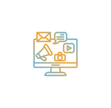 grafico monitor naranja con iconos de redes sociales