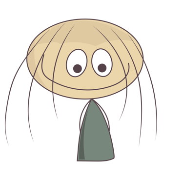Whimsical cartoon character illustration with a wide oval head and long thin hair.