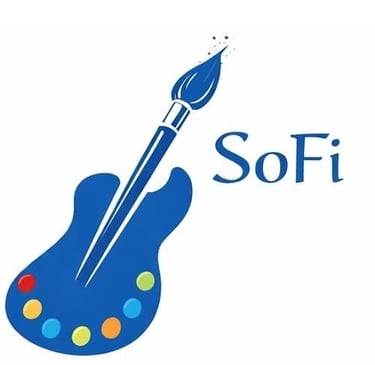 logo de SoFi : une guitare bleue dont le manche est un pinceau
