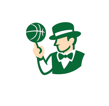 Minimalist green and tan leprechaun logo spinning a basketball on his finger.