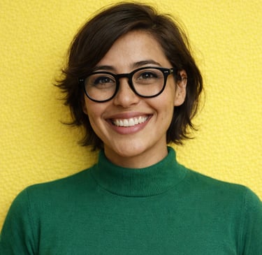 Smiling woman with medium skin tone, short dark hair, glasses, green turtleneck, yellow background