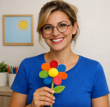 Smiling woman with blonde hair in an updo, wearing blue shirt, holding colorful felt flower.