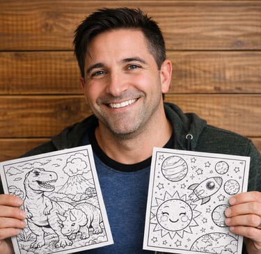 **Alt text:** Smiling man with short dark hair holding two black-and-white coloring pages