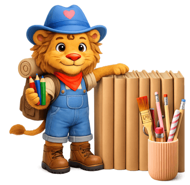 A cartoon lion holding art supplies beside books.