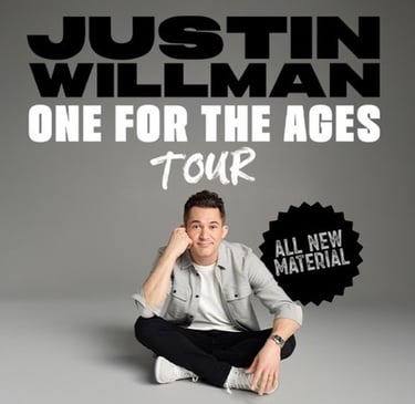 Magician Justin Willman sitting for his One For The Ages Tour poster with all new material.
